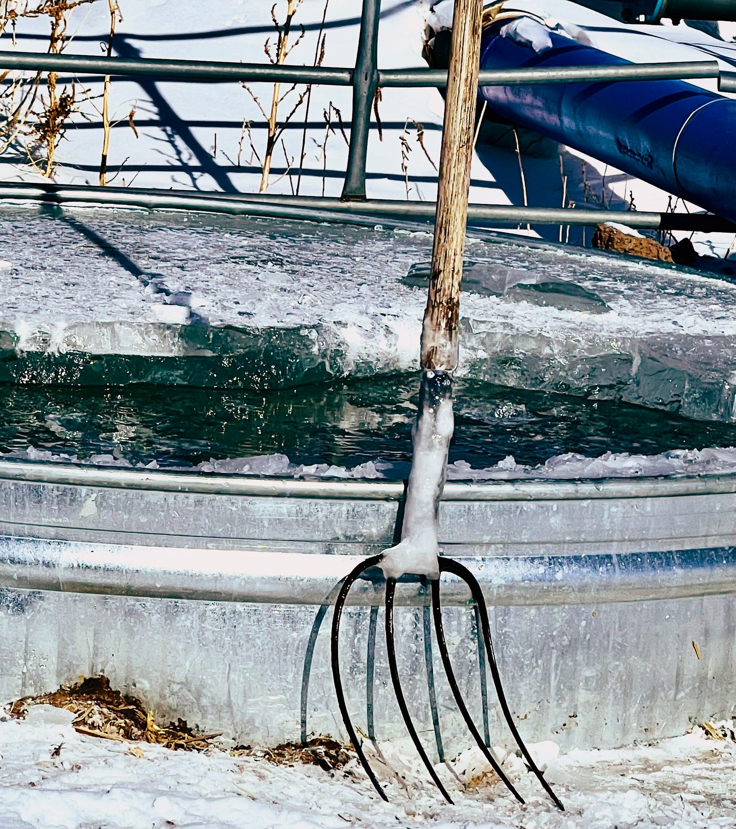 Pitchfork leaning against a frozen water tank with a metal fence in the background.